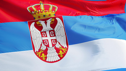 Serbia flag waving against clean blue sky, close up, isolated with clipping path mask alpha channel transparency
