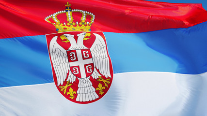 Serbia flag waving against clean blue sky, close up, isolated with clipping path mask alpha channel transparency