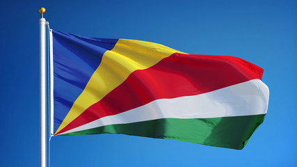 Fototapeta na wymiar Seychelles flag waving against clean blue sky, close up, isolated with clipping path mask alpha channel transparency