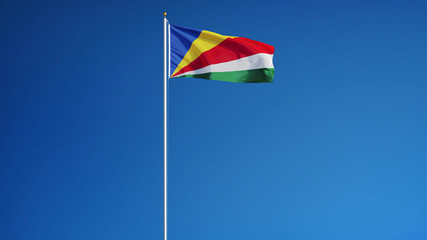 Seychelles flag waving against clean blue sky, long shot, isolated with clipping path mask alpha channel transparency