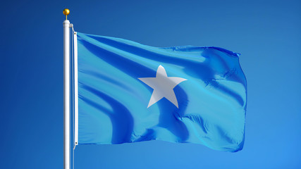 Somalia flag waving against clean blue sky, close up, isolated with clipping path mask alpha channel transparency