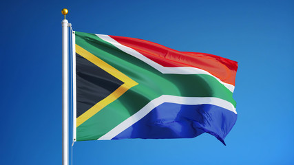 South Africa flag waving against clean blue sky, close up, isolated with clipping path mask alpha channel transparency