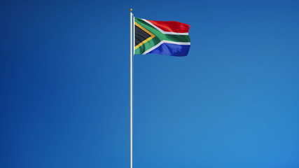 South Africa flag waving against clean blue sky, long shot, isolated with clipping path mask alpha channel transparency