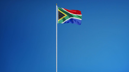 South Africa flag waving against clean blue sky, long shot, isolated with clipping path mask alpha channel transparency