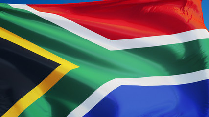 South Africa flag waving against clean blue sky, close up, isolated with clipping path mask alpha channel transparency