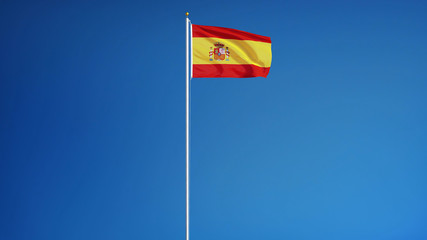 Spain flag waving against clean blue sky, long shot, isolated with clipping path mask alpha channel transparency