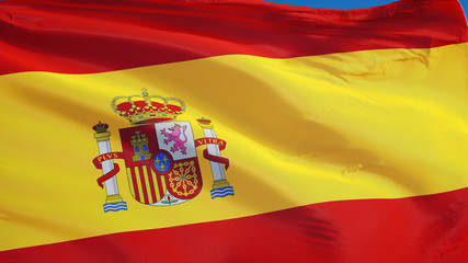 Spain flag waving against clean blue sky, close up, isolated with clipping path mask alpha channel...