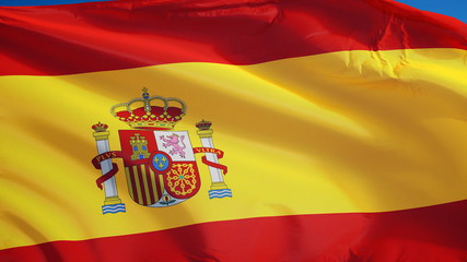 Fototapeta premium Spain flag waving against clean blue sky, close up, isolated with clipping path mask alpha channel transparency