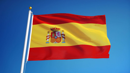Fototapeta na wymiar Spain flag waving against clean blue sky, close up, isolated with clipping path mask alpha channel transparency