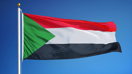 Sudan flag waving against clean blue sky, close up, isolated with clipping path mask alpha channel transparency