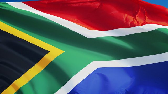 South Africa flag waving against clean blue sky, close up, isolated with clipping path mask alpha channel transparency