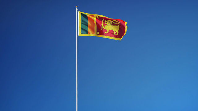 Sri Lanka flag waving against clean blue sky, long shot, isolated with clipping path mask alpha channel transparency