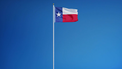 Texas flag waving against clean blue sky, long shot, isolated with clipping path mask alpha channel transparency