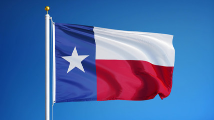 Naklejka na ściany i meble Texas flag waving against clean blue sky, close up, isolated with clipping path mask alpha channel transparency