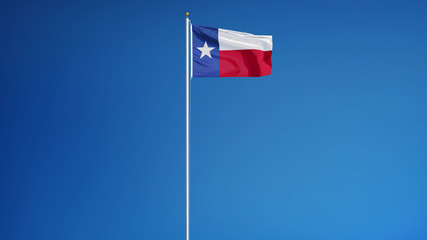 Texas flag waving against clean blue sky, long shot, isolated with clipping path mask alpha channel transparency