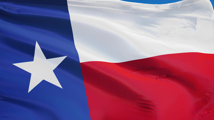 Texas flag waving against clean blue sky, close up, isolated with clipping path mask alpha channel transparency