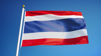 Thailand flag waving against clean blue sky, close up, isolated with clipping path mask alpha channel transparency