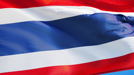 Thailand flag waving against clean blue sky, close up, isolated with clipping path mask alpha channel transparency