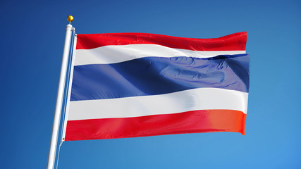 Fototapeta na wymiar Thailand flag waving against clean blue sky, close up, isolated with clipping path mask alpha channel transparency