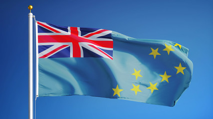 Fototapeta premium Tuvalu flag waving against clean blue sky, close up, isolated with clipping path mask alpha channel transparency