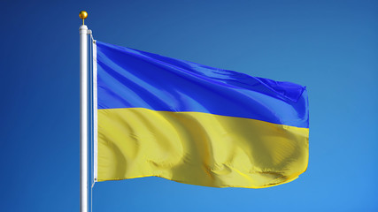 Ukraine flag waving against clean blue sky, close up, isolated with clipping path mask alpha channel transparency
