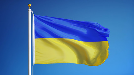 Ukraine flag waving against clean blue sky, close up, isolated with clipping path mask alpha channel transparency