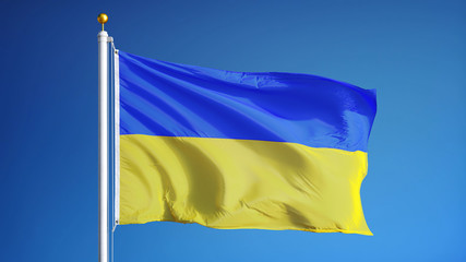 Ukraine flag waving against clean blue sky, close up, isolated with clipping path mask alpha channel transparency