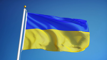 Ukraine flag waving against clean blue sky, close up, isolated with clipping path mask alpha channel transparency