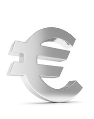 Isolated silver euro sign on white background. European currency. Concept of investment, european market, savings. Power, luxury and wealth. 3D rendering.