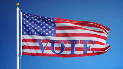 Vote 2016 Presidential Elections USA flag waving against clean sky, close up, isolated on alpha, composition
