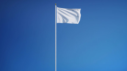 Empty white clear flag waving against clean blue sky, long shot, isolated with clipping path mask...