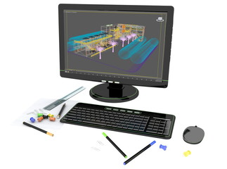 3D illustration Architectural background with a monitor on a white background. Workplace of the architect. Drawings of new hotel