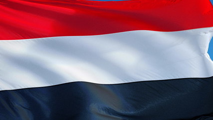 Yemen flag waving against clean blue sky, close up, isolated with clipping path mask alpha channel transparency