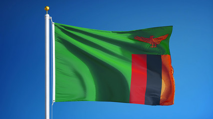 Zambia flag waving against clean blue sky, close up, isolated with clipping path mask alpha channel transparency