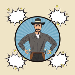 Cowboy bubble man gun revolver pop art comic cartoon icon. Colorful and striped design. Vector illustration