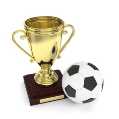 Fototapeta na wymiar Isolated golden cup with ball on white background. Soccer and football. First place trophy. Game and competition. 3D rendering