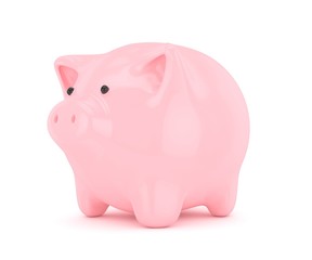 Pink shiny piggybank on white background. Concept of investment, savings and more. 3D rendering.