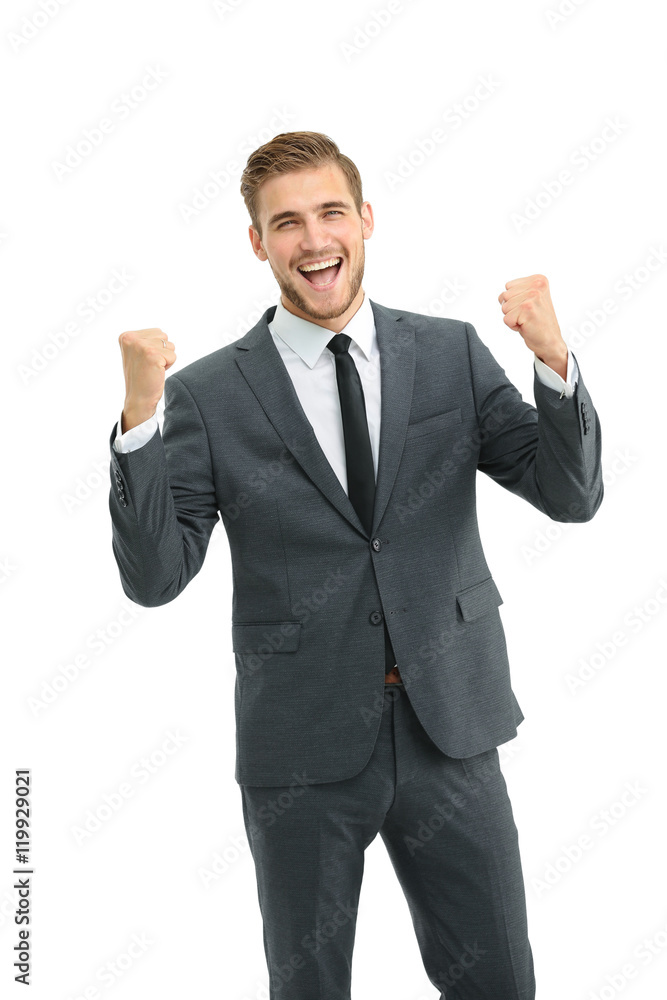 Wall mural businessman celebrating with his fists raised in the air and a