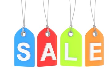 Colorful isolated sale labels on white background. Price tags. Special offer and promotion. Store discount. Shopping time. 3D rendering.