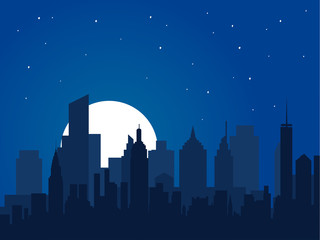 Fototapeta premium Night city vector illustration. Night cityscape in flat style. Night city silhouette. Night city skyline abstract background. Modern night city landscape. Dark urban scape. - stock vector