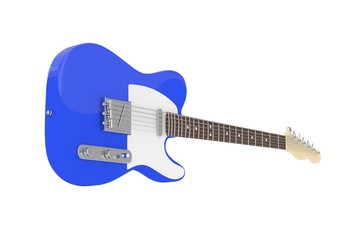 Obraz na płótnie Canvas Isolated blue electric guitar on white background. Concert and studio equipment. Musical instrument. Rock, blues style. 3D rendering.