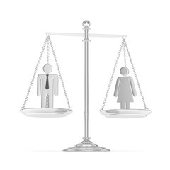 Isolated old fashioned pan scale with man and woman on white background. Gender inequality. Equality of sexes. Law issues. Silver model. 3D rendering.