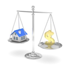 Isolated silver scales with golden dollar and house on white background. Investment or savings concept. Real estate and currency. 3D rendering.