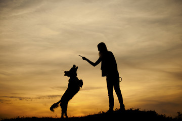 Silhouette of girl and her dog with beautiful sunset background.