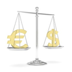 Isolated silver scales with golden dollar and euro currency. American and european finance. Measuring of market stability. 3D rendering.