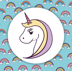 unicorn rainbow cloud horse horn cartoon magic fantasy icon. Colorful and circle design. Vector illustration