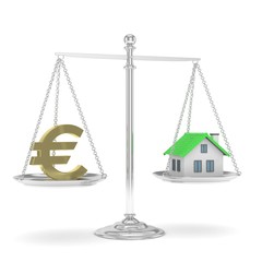 Isolated silver scales with golden euro and house on white background. Investment or savings concept. Real estate and currency. 3D rendering.