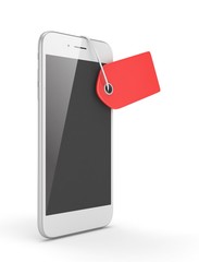 White smart phone with red price tag on white background. Identification, price, label. 3D rendering.
