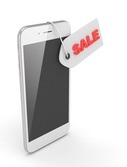 White smart phone with red sale label on white background. Best offer. Leader of sales. 3D rendering.