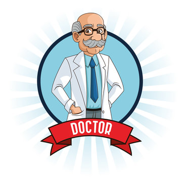 doctor man cartoon with uniform inside a seal stamp with ribbon icon. medical and health care theme. Colorful and isolated design. Vector illustration